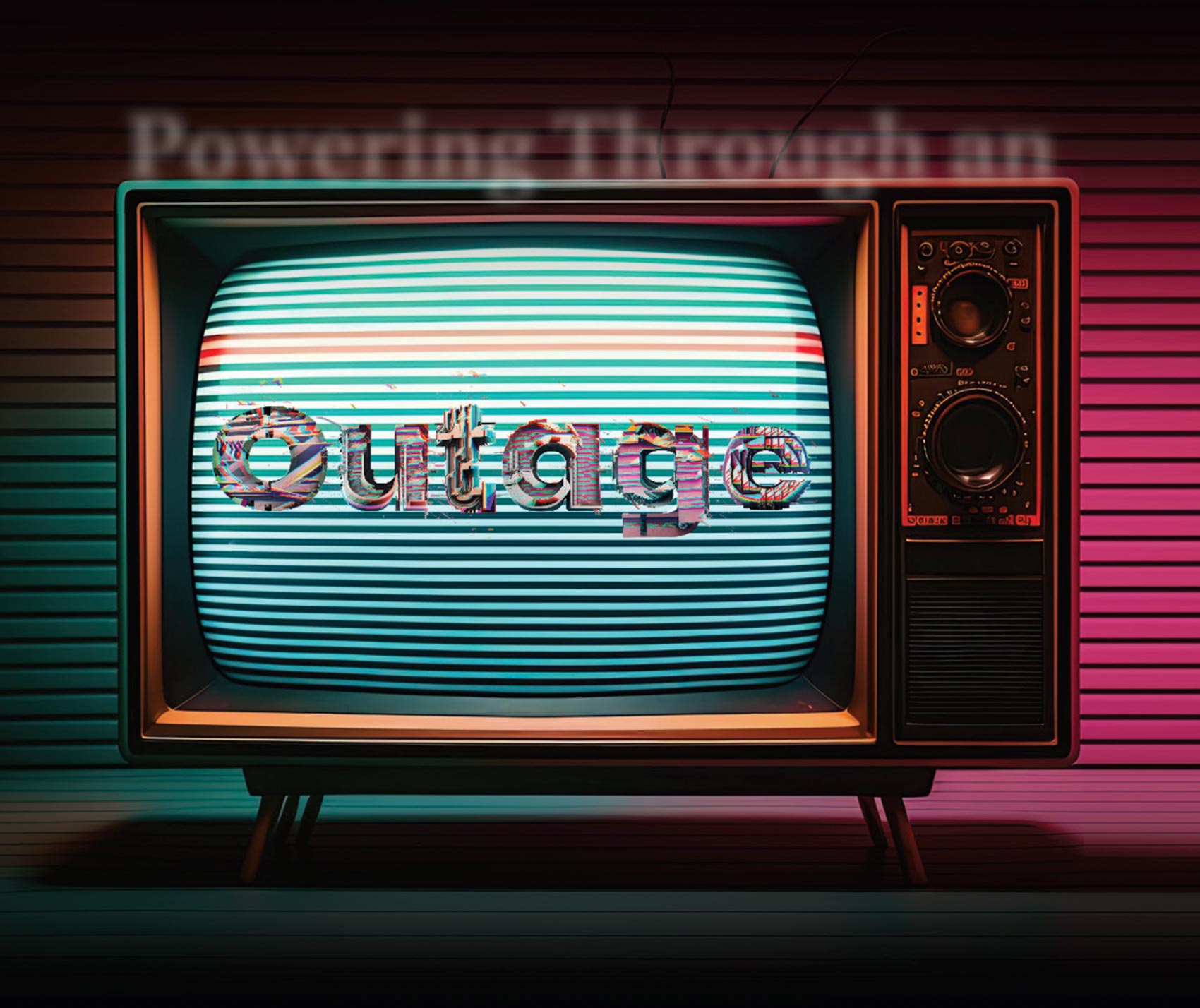 TV with the word Outage in the center of the screen.