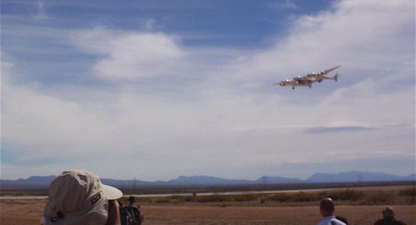Virgin Galactic’s carrier vehicle, the White Knight Two, approaches the runway at Spaceport America during the runway’s dedication ceremony on October 22, 2010. Virgin Galactic successfully completed its first commercial space flight in June. PHOTO BY ALAN HALE