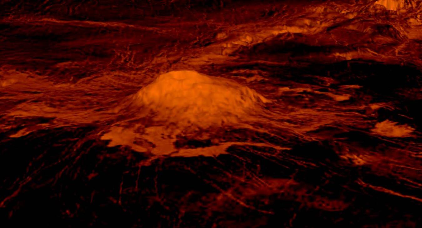 The volcanic peak Idunn Mons in the Imdr Regio area of Venus. PHOTO COURTESY OF NASA/ JPL-CALTECH/ESA