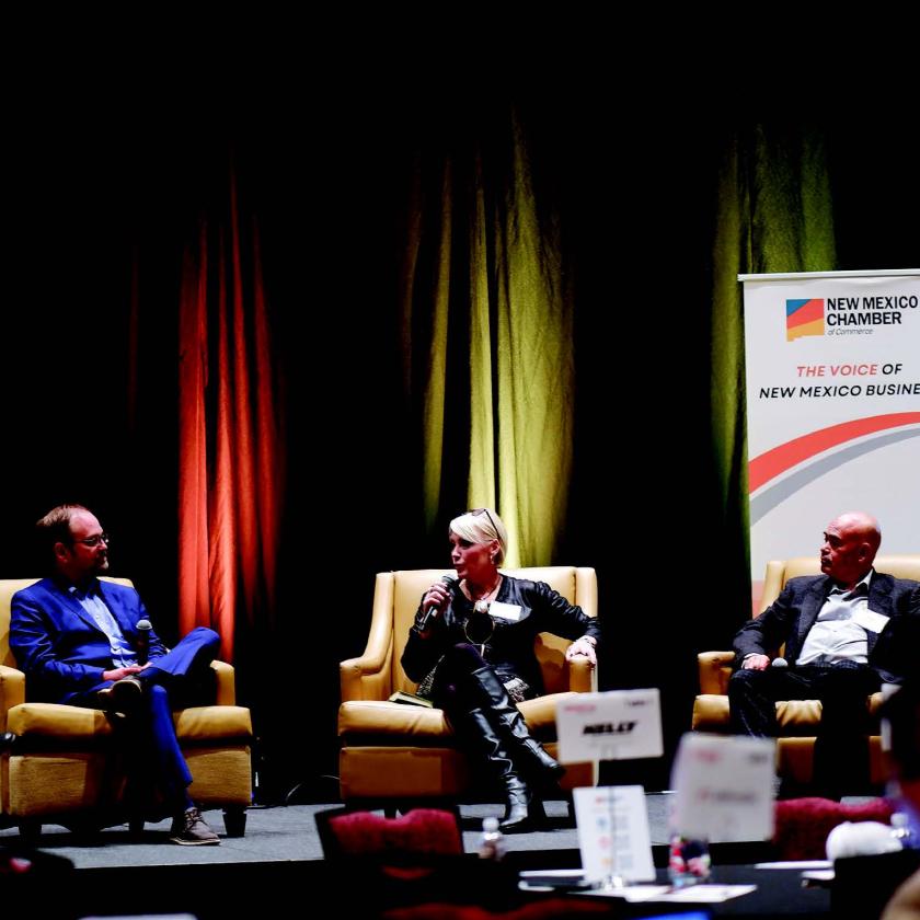 Charise Swanson, speaking at a New Mexico Chamber of commerce event, is the first woman in NMREC history to serve as its CEO.